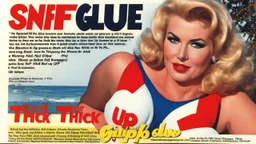 SNIFFIN’ GLUE magazine high res photo cover by Russ Meyer: special issue #42 on the business of pull-up thick diapers, seen from bellow, guest star: blonde Sally knows that there were incontinent women like herself with large busts out on the beach and she is missing adult ultra thick pull-up diapers with the matching bras. Her concept is to pair diaper designs with bra designs, specifically themed for surfing.