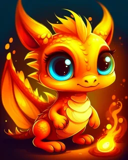 cartoon illustration: a cute little fire dragon with big shiny eyes. The dragon has big wings.