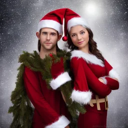 two elves. woman and man. Christmas scene. photorealistic. low-key