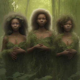 4K. Ultra real photo.three black women. Three Dark skin black women .three women. A mother. Two black daughters . A mother with her children. three young black women. wood nymphs emerging from the forest. Her hair looks like vines. Dreadlocs. Her skin is the colour of dark soil. Her skin looks like tree bark. Her clothing is made of vines, grass and leaves.