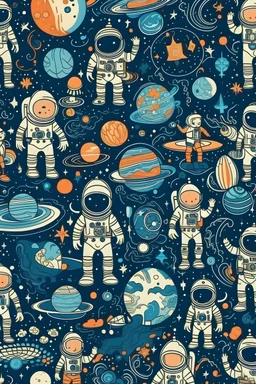 create a pattern inspired by space exploration, featuring astronauts, celestial bodies, and cosmic landscapes, appealing to space dreamers.