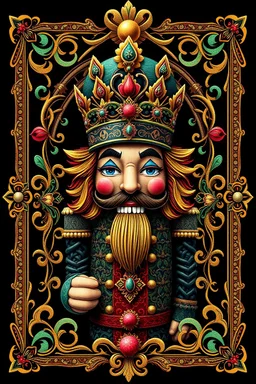 Centered, Ornate, Collectable Trading Card of lisa frank pattern fantasy character portrait of Crisp Digital Art, holiday nutcracker by Aleksi Briclot, T-Shirt Design, Black Background, Detailed Frame, Border, in SNES arcade game, ultra realistic, wide angle, intricate details, retro Nintendo bitmap pixel art, highly detailed by peter mohrbacher, wayne barlowe, , hajime sorayama aaron horkey, gaston bussiere, craig mullins