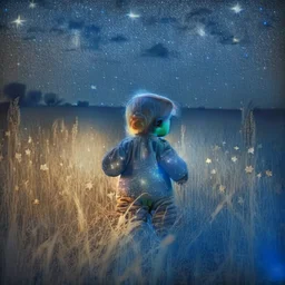 toddler with teddy bear seen on the back in a field at night with lots of stars, looking at an apparition in the sky