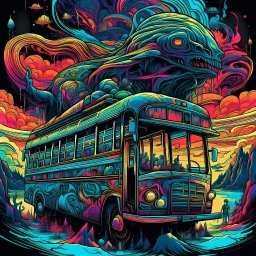 Damnation is back in style, take a ride with us on the Black Bus, sinister but beautiful, neo surrealism, psychedelia elements, color pen illustration, sharp smooth composition.