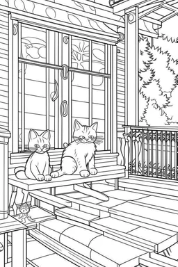 coloring page for kids, Cats on the porch, cartoon style, thick lines, low detail, no shading