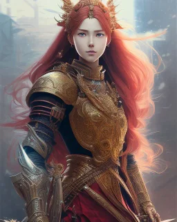 Detailed anime creature, red hair, dragon scale armour, intricate details, full body portrait, keep head in frame, slight smile, black Japanese motif, concept art, highly detailed, digital painting, concept art, sharp focus, illustration, art by Yoji Shinkawa, WLOP and greg rutkowski and alphonse mucha and artgerm and yanjun Chen and Junji ito and Makoto Shinkai, HDR, octane render, dark background