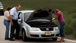 man and crying lady on side of the road inside broken down jetta