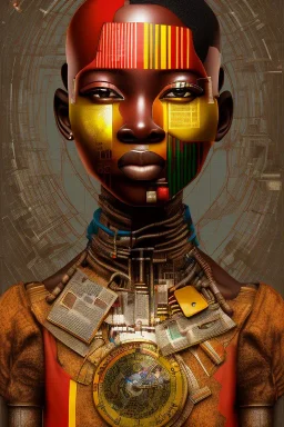 african portrait in rusted clocks, clock on face, rust, scaffolding, ghana colours, cyberpunk, high detail