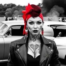 Create image: woman with a vintage pin-up hairstyle in greyscale tones stands in the foreground. She's wearing a zippered leather jacket and adorned with tattoos, a red bandana, earrings, and dark lipstick. In the background, a vivid scene of a drag race unfolds with classic cars and visible smoke above.