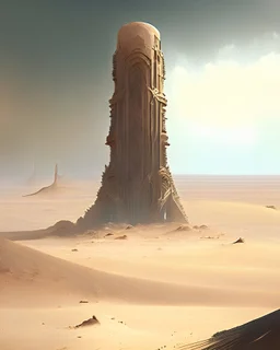 A vast, barren desert landscape, broken only by a single, monumental structure that towers above the sand, hinting at forgotten civilizations.