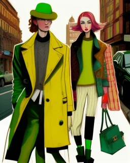 whimsical arafed nonsense, patchwork vibe, a young woman and a young man are strolling down a rainy whimsical downtown street in slow pace, (((exaggerated body parts))), (((oversize head))), sharp color contrasts, amazing shadows, (((exaggerated limbs and head))), minimal cozy, warm palette, bright bold warm summer green yellow orange black colors, color leak, heavily distorted views, amazing parallels