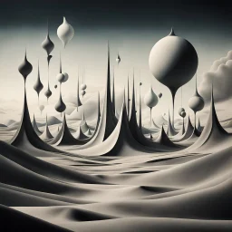 Genera foto iperrealistica di un paesaggio surreale nello stile di Yves Tanguy, con forme organiche e geometriche astratte. Usa colori tenui e contrastanti, creando un senso di mistero e introspezione con ombre morbide e luci delicate.