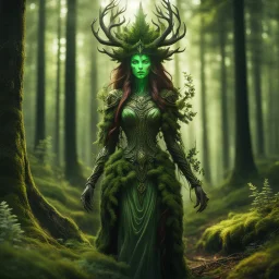 create a full body portrait of a forest spirit wraith ghost demon enchantress , with highly detailed, sharply lined facial features, in the deep forest of Brokilon , finely inked, in rustic colors, 4k in the style of Peter Mohrbacher source vibrations, bokeh like f/0.8, tilt-shift lens 8k, high detail, smooth render, down-light, unreal engine, prize winning