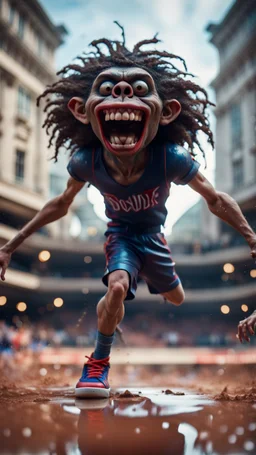 full figure portrait of a giant dunking basket player vampire werewolf goblin gremlin hanging doing a flip over wet soil in front of dome court, in the style of Gorillaz,bokeh like f/0.8, tilt-shift lens 8k, high detail, smooth render, down-light, unreal engine, prize winning