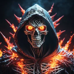 hooded marble skeleton covered with glowing thorns, sharp teeth, evil fire glows in eyes, bright colors, glowing sparkle particles, dark tone, sharp focus, contrast, 8k, incredible depth, dramatic lighting, beautifully intricate details, clean environment, epic dynamic scene