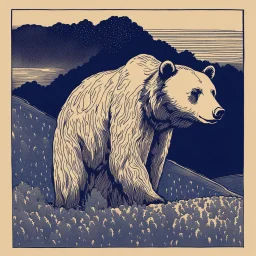 sideview of bear head, 70s comics style, block print with indigo ink on creamy paper texture, strong contrast