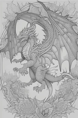 coloring book page of a flying dragon, mandalas