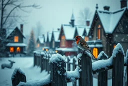 minimalism, fantasy funny winter Christmas, heavy snow snowing, deep rich dark warm colors, magic lighting, minimalism, beautiful, fantastical, magical background, shimmering,encaustic colors, beautiful snowy vintage Victorian houses village, closeup of a beautiful bird sitting on old snowy broken fence, minimalism