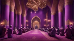 Hyper Realistic Photographic-View of lots of Muslim-Men praying inside a Massively-Huge-Beautifully-Crafted-Purple-&-Maroon Wall-Mosque with detailed-pillars & Garland-Light-Decorations-&-Lamps with dramatic-&-Cinematic-Ambiance at night.