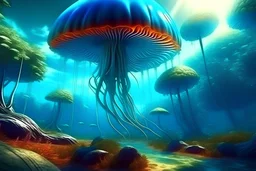 Alien forest with an umbrella made from a jellyfish, photorealistic, Detailed Matte Painting, Deep Colour, Fantastical, Intricate Detail, sunshine, blue sky