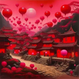 A dark reddish magenta oriental village with fiery orbs painted by Qiu Ying