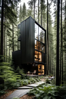 3-story container modern-style house in the woods. Photograph.