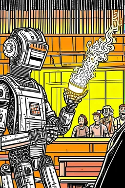 A robot hard rock fan hosts a radio show in a burning club gets yelled at by a human.