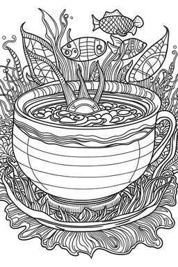 Outline art for coloring page, TEACUP SET UNDER THE SEA, coloring page, white background, Sketch style, only use outline, clean line art, white background, no shadows, no shading, no color, clear