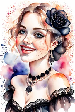 watercolour drawing, a happy girl , black lace, pearls, black roses, on a white background, hTrending on Artstation ::{creative commons}:: Illustration :: Color Grading:: Filmic, Nikon D750, Brenizer Method, Perspective, Depth of Field, F/2.8, Lens Flare, Tonal Colors, 8K, Full-HD, ProPhoto RGB, Perfectionism, Rim Lighting, Natural Lighting, Soft Lig