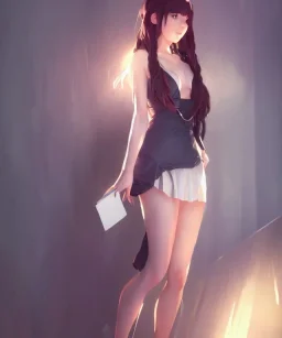 Insane pretty young woman short dressed. by wlop, ilya kuvshinov, krenz cushart, greg rutkowski, pixiv, sarah j. maas book cover style magician at the end of a corridor, smooth, sharp focus, d & d style, artstation, 4 k, hdr