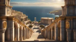 a roman city next to the ocean seen from a hill top. perfect symmetry. marble and gold. fantasy. exquisite realism, a masterpiece, dark fantasy concept art, dynamic lighting, hyperdetailed, intricately detailed, deep color, Unreal Engine, volumetric lighting