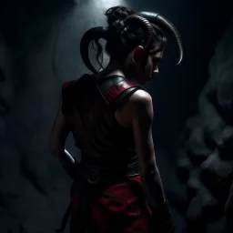 a beautiful tiefling woman with dark hairand tiefling horns in a sleeveless battle outfit, seen from the back, at the edge of a precipice in the dark, ready to jump, photo quality, dark colors