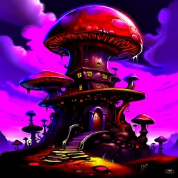 A fantabulous black, purple and red (((mushroom tower house))) erected atop a (geologic pillar), surrounded by the uncanny imaginative ((( swirling skies))), offset by the stark hues of a (neon-tinged nebulous space scape), within. captured by the hand a skilled master painter with a focus on (softly blurred compositions and voluminous lighting).