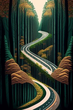 portrait of a road going through the woods in various states on mutliple mathematical planes