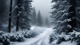 dark epic background, snowfall, snowstorm, windstorm, storm, frost on the ground, cold, gloomy, towering evergreens