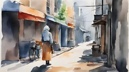 water color Painting, Minimal. Dismissing the worker from the workshop. مقنعه. Side walk. salesman woman's by the street. hijab.