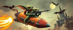 hairy macho gremlin octopus lizard aliens living in a hi tech marvellous hot dog graphitti rocket with a mounted sling shot, heading for venus stone castle, background motion blur and smoke swirls, and cheeky bats