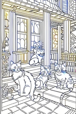 kids coloring page, Cats on the porch, cartoon style, thick lines, low detail, no shading