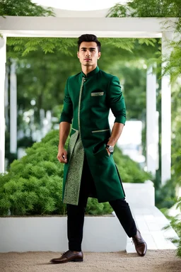 fullbody shot of young- tajik man-with-a-perfect-face standing in green trees