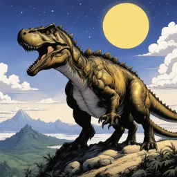 (in the style of Orion, by Masamune Shirow) a t-rex on the top of his hill