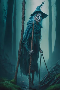 portrait of witch on crutches, prehistoric forest, trending art, 8k, depth of field, volumetric fog