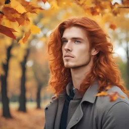 Autumn man. Beautiful attractive young man with long red hair in the autumn park.