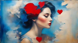 old painting, torn edges, blue, WOMAN, love, red heart, light, flower, double exposure, abstract surreal portrait, oil painting in impressionism, large strokes, airbrush effect, textured painting, antique style, vintage, semi-abstract, semi-realistic, surreal .