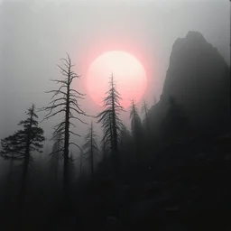 Close-up Ilford photograph of a creepy surreal landscape, eerie, no style, very surreal, trees, spooky, metaphysical objects, giant sun, intricate, thoughtful, appalling, mountain rocks, deep 3d field, 8k, hypermaximalist, fog