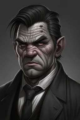 Portrait of a half-ogre well dressed, scars on his face, grey skin,