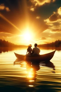 un lago en el cielo, dos personas enamoradas, hombre y mujer enlazados, alejando las tristezas, con sol radiante iluminandolo todo en un ambiente lleno de luz y amor