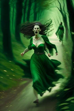 a beautiful woman, in a green velvet dress with a sheath, running down a wooded road, while death chases her and tries to suck her into hell