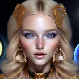 brown eyes, blonde sophie hennie cute young woman singing at saturns europa moon, golden jewelry, ice cold, winter, magnificent, majestic, highly intricate, incredibly detailed, ultra high resolution, complex 3d render,renaissance painting