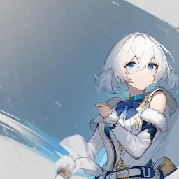 Clear focus, High resolution, rough line sketch art, short fluffy white hair, hair between eyes, fluffy hair, blue eyes, wearing a sleeveless shirt, wearing shorts, detailed outfit, lots of details, bow on belt, white belt, white and blue everywhere on outfit, cut sleeve, yellow chains around outfit