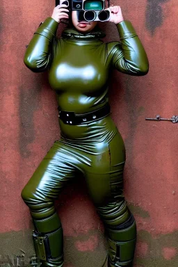 Military girls, hot. REflective, metallic large fencing mask covers the whole face. head full of integrated old-fashioned cameras and phone. Army green surfaces body, latex. Perfect body, thick thighs and calves. Asa Akira's body. Wide hip, skirt bleats nicely. Partly symmetrical. Straitjacket. Rusty and decayed background. Steam-plunge air-bottles. Euclidean 3D-tiling walls. 5th dimensional surface structures. Oppressive atmosphere